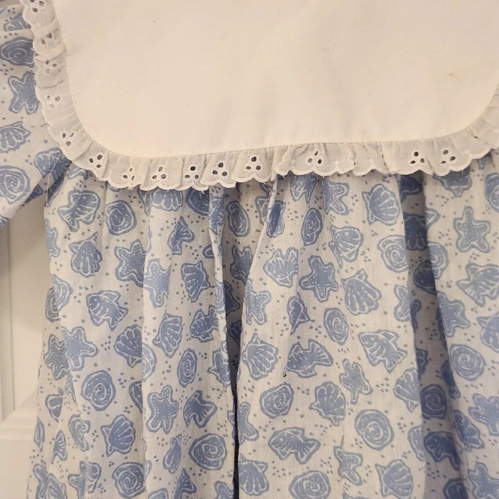 Girls Little Star Vtg Dress Blue White Beach Seashell Mid Sleeve Size 3t #JJ893